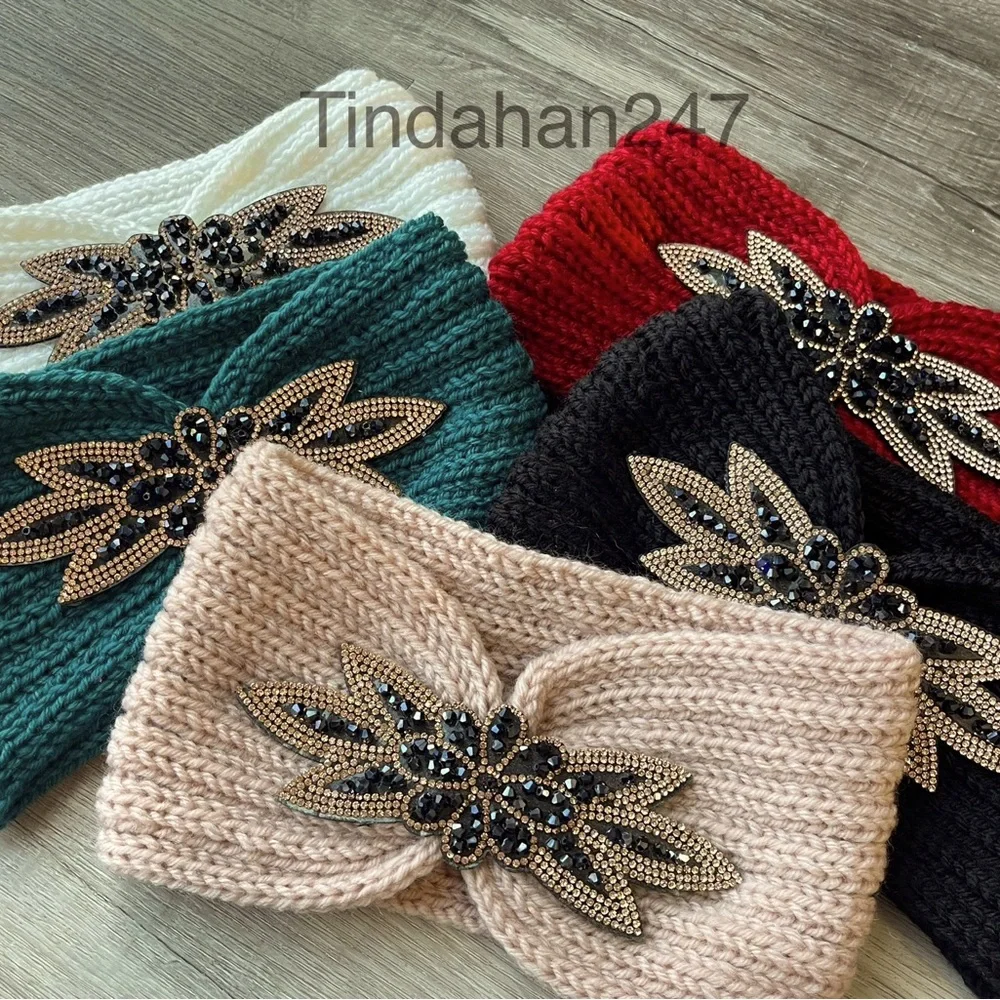 Daisy Gem Flower Design Black Knit Knot Crochet‎ Handmade Headband